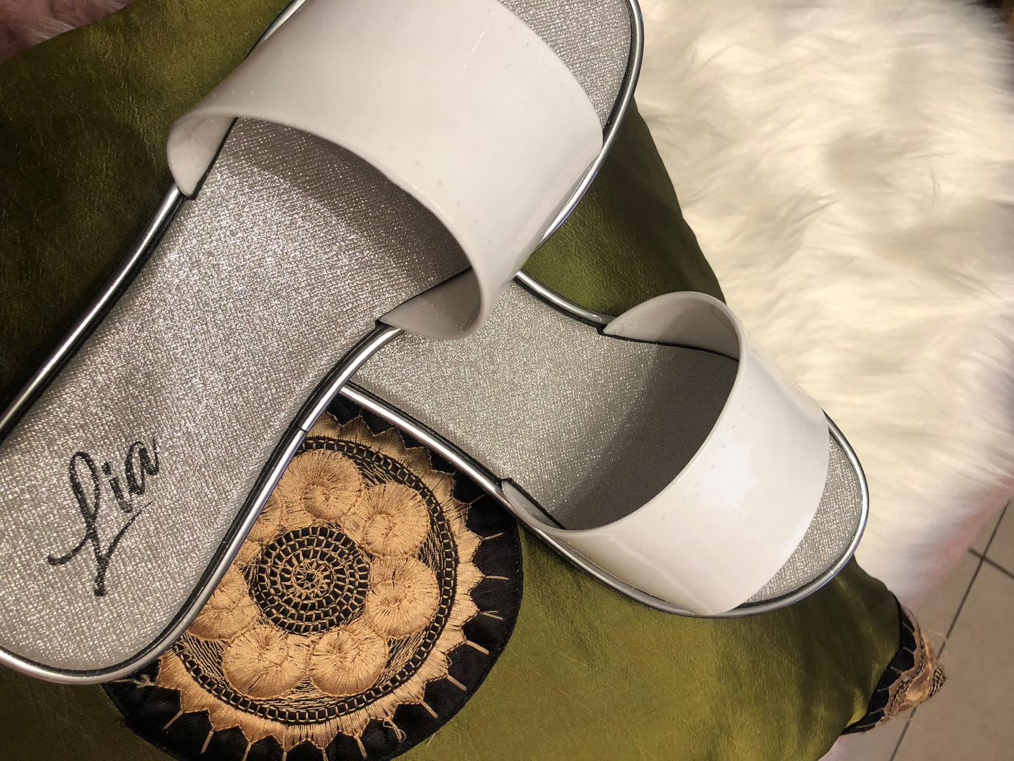 Grey slide sandals￼